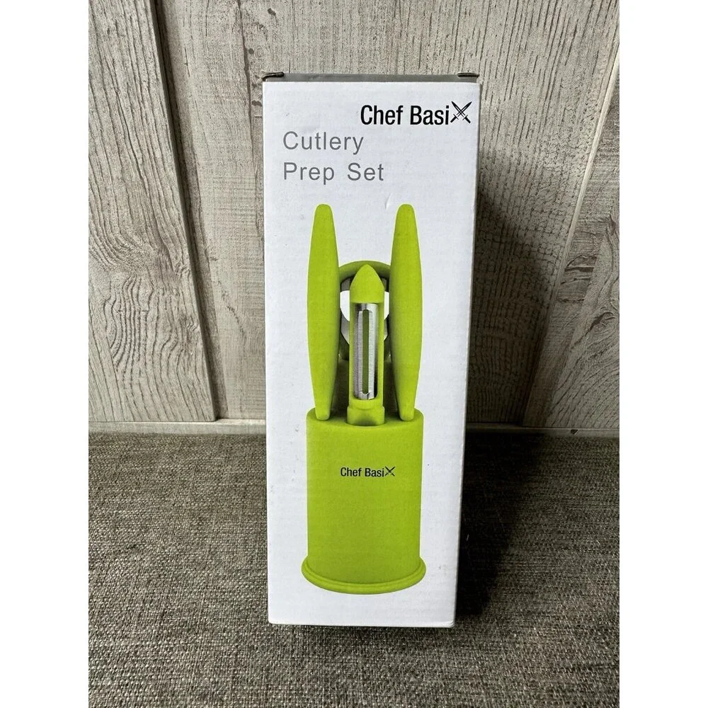 Chef Basix Kitchen Cutlery Prep Set Knives Bottle Opener Peeler with Stand Green